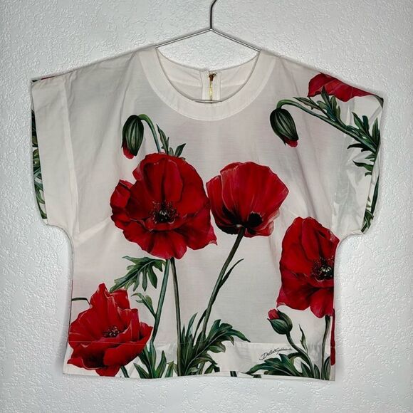 New Dolce& Gabbana Cap-Sleeve Poppy-Print Top Size IT 36 XS - Picture 2 of 13